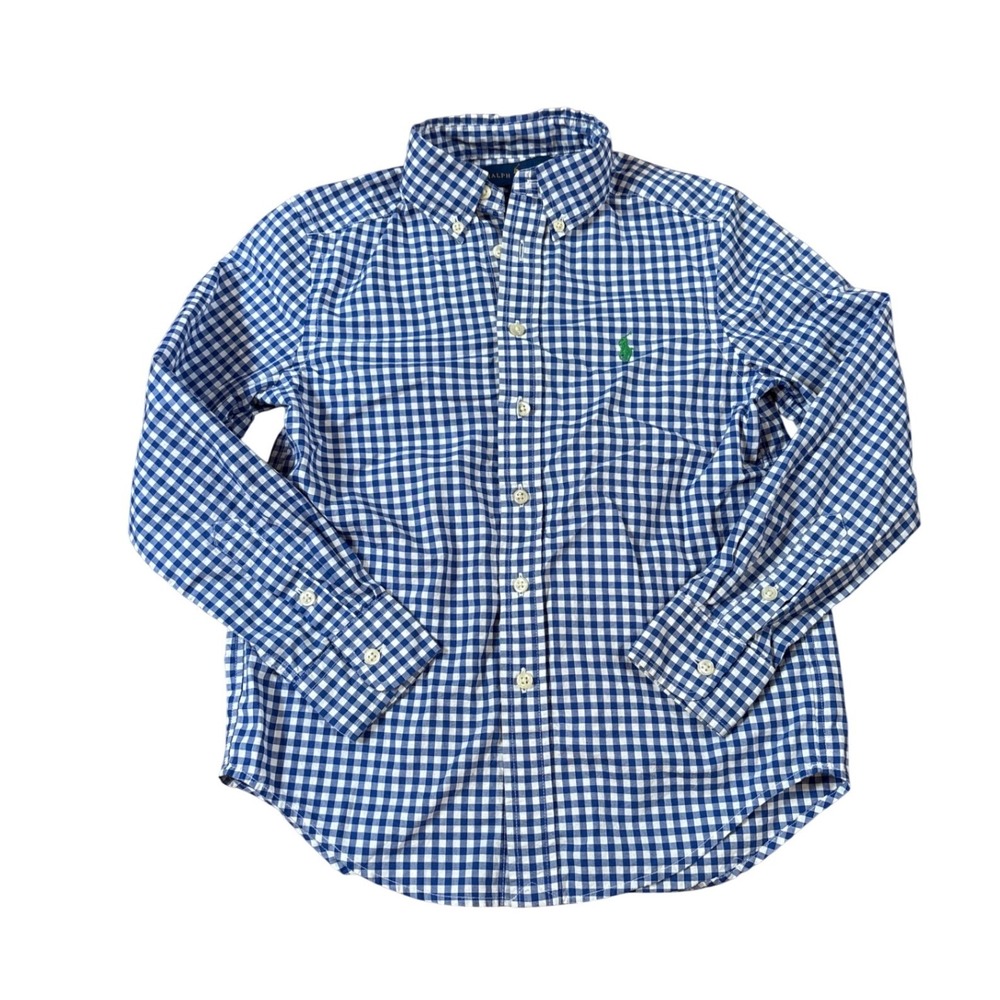 Ralph Lauren Button Down Kids Blue Gingham Preppy Long Sleeve‎ SIZE 8
